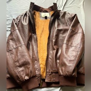 Brown WenVen Men's Stand Collar Fleece Lined Bomber Faux Leather Jacket